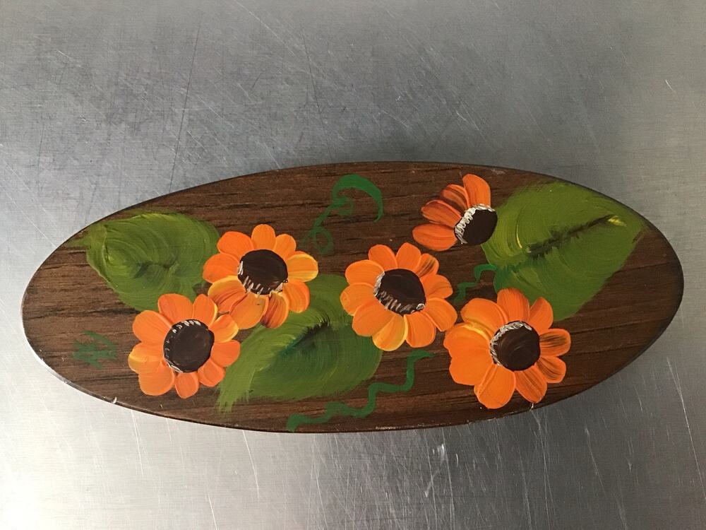Vintage Oil Painting Of Flowers on an Oval Pine Board 7.5" * 3" Black Eyed Susan